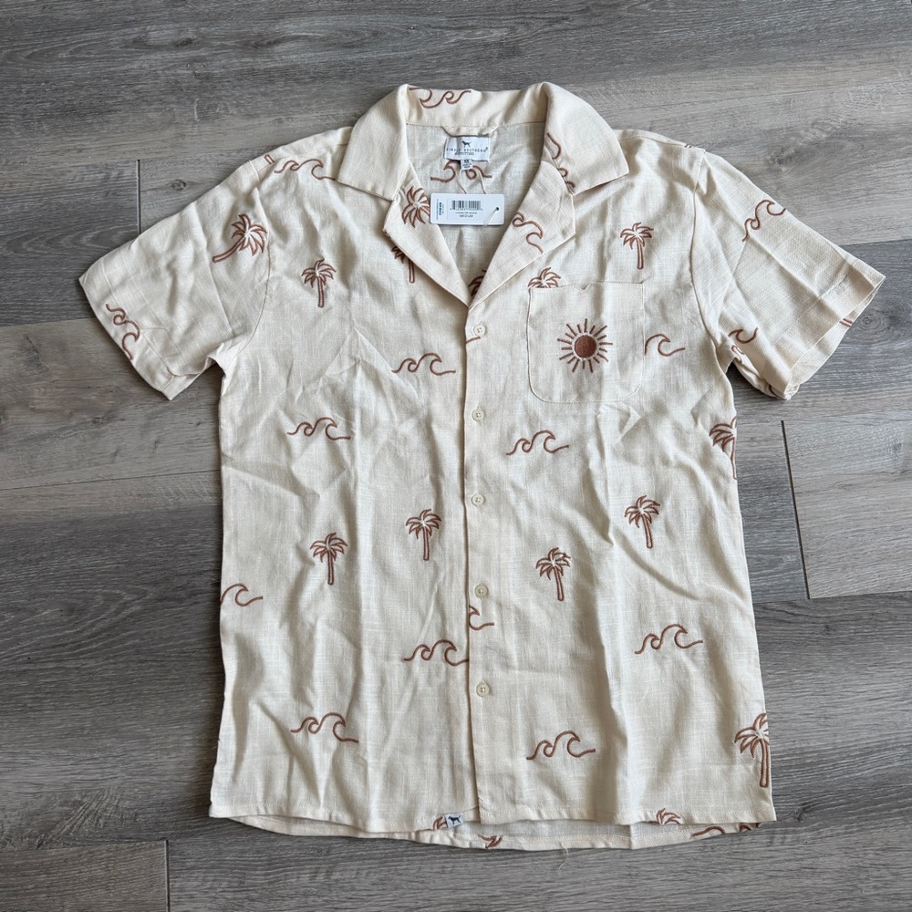 NWT Simply Southern Beige Cream Short Sleeve Palm Tree Waves cotton sz M